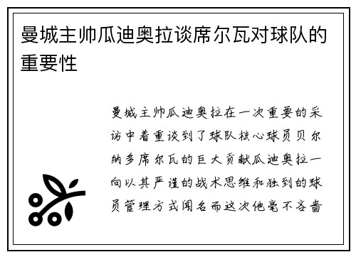 曼城主帅瓜迪奥拉谈席尔瓦对球队的重要性