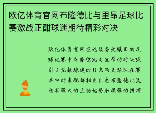 欧亿体育官网布隆德比与里昂足球比赛激战正酣球迷期待精彩对决