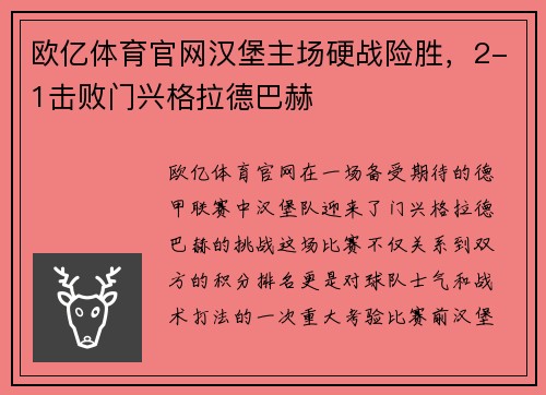 欧亿体育官网汉堡主场硬战险胜，2-1击败门兴格拉德巴赫